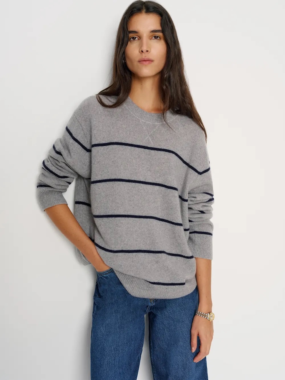 Reformation Gray Stripe Crewneck Sweater - Classic Oversized Knit Cashmere